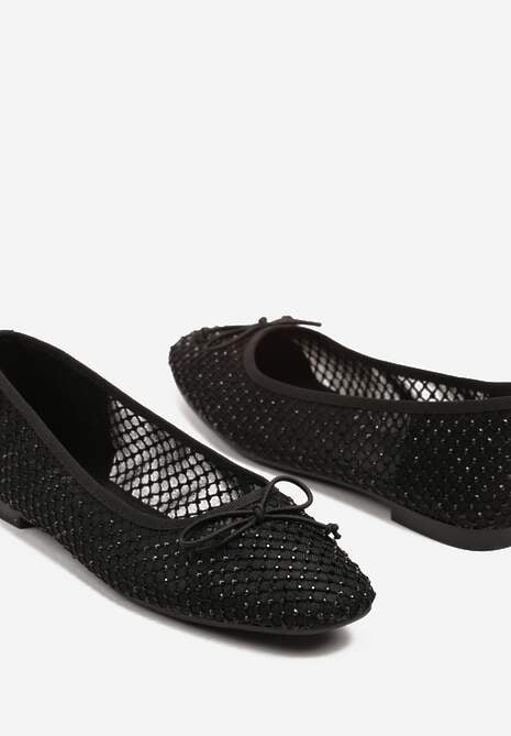 Czarne Siateczkowe Balerinki z Delikatnymi Cyrkoniami i Kokardką Senirithra