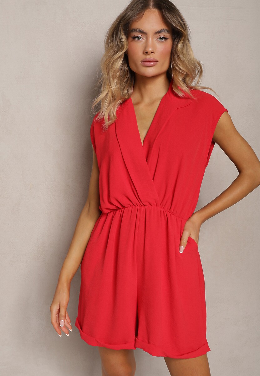 Ciemnozielony Taliowany Kombinezon z Gumką w Pasie i Kopertowym Dekoltem Nansilyne