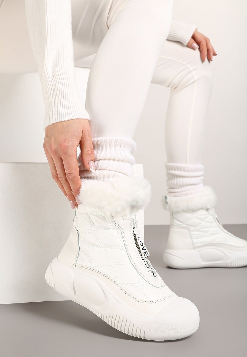 Białe Śniegowce Vices na Platformie z Pikowaną Cholewką i Futerkiem Gemitana