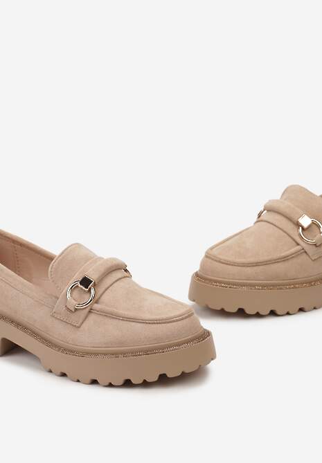 Ciemnobeżowe Mokasyny z Imitacji Zamszu z Cyrkoniami Przy Podeszwie Imule