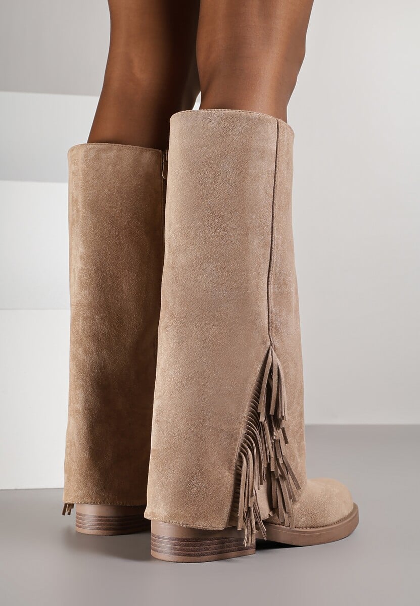 Ciemnobeżowe Kozaki Ozdobione Frędzlami i Wywiniętą Cholewką Reilevia