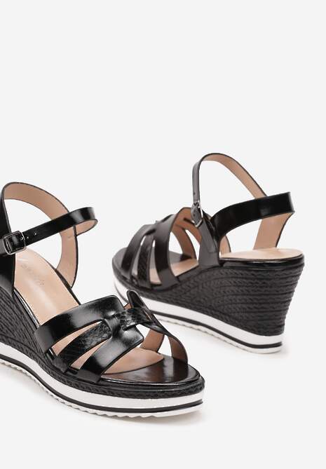 Czarne Sandały z Ekoskóry na Koturnie Zapinane przy Kostce na Sprzączkę Natalea