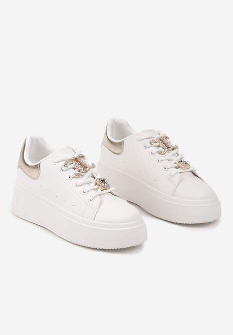 Biało-Złote Sneakersy na Platformie Ozdobione Cyrkoniami i Aplikacjami na Sznurówkach Arretea