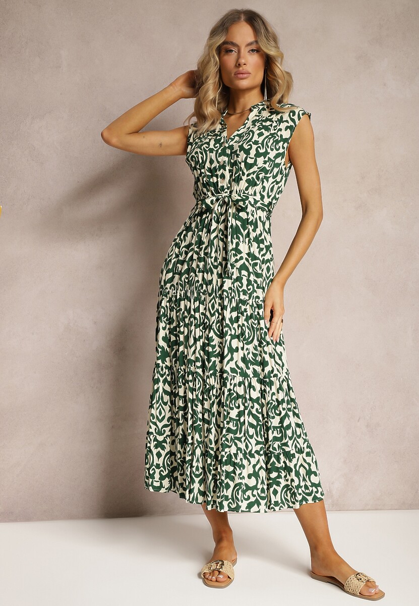 Zielona Sukienka z Wiskozy Zapinana na Guziki z Materiałowym Paskiem i Gumką w Pasie Isolia