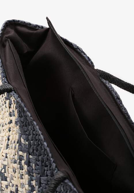 Czarno-Beżowa Duża Torebka z Plecionki w Stylu Boho Zapinana na Zamek Błyskawiczny Noico