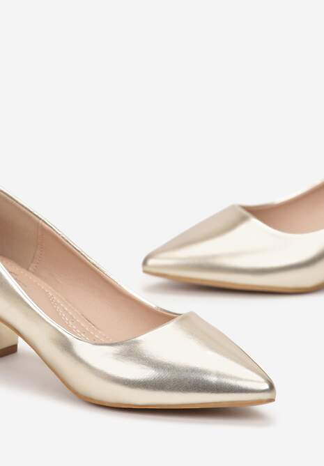 Złote Czółenka z Noskiem w Szpic z Imitacji Skóry Mennaka