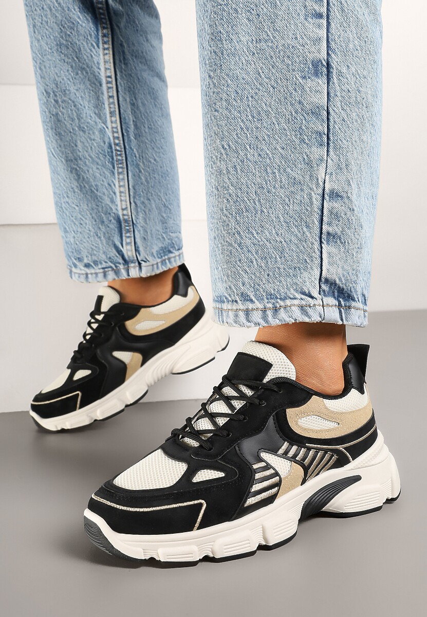 Czarno-Beżowe Sneakersy w Streetwearowym Stylu na Grubej Podeszwie Felethra
