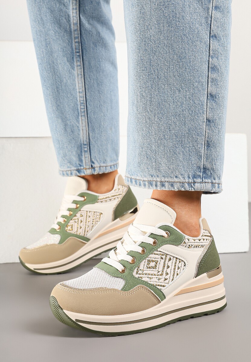 Ciemnobeżowe Sneakersy na Koturnie z Geometrycznym Wzorem i Brokatem Tillineira