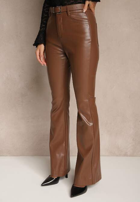 Brązowe Spodnie Flare z Imitacji Skóry Vebria