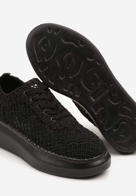 Czarne Sneakersy Typu Tenisówki z Ażurową Cholewką i Skórzaną Wkładką Sonelis