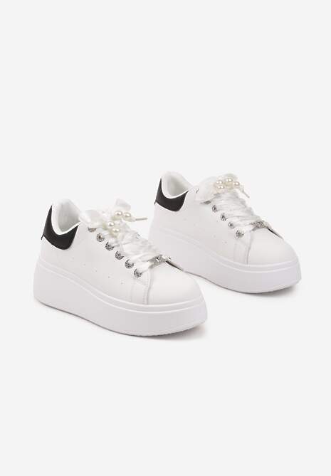 Biało-Czarne Sneakersy na Platformie z Ozdobnymi Cyrkoniami Aviriel