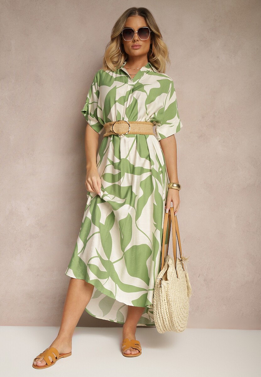 Jasnozielona Rozkloszowana Sukienka w Abstrakcyjny Wzór z Bawełną Telianiela