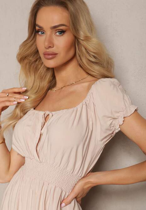 Beżowa Sukienka z Wiskozy z Gumkami w Talii i Dekoltem ze Ściągaczem Tiimazela