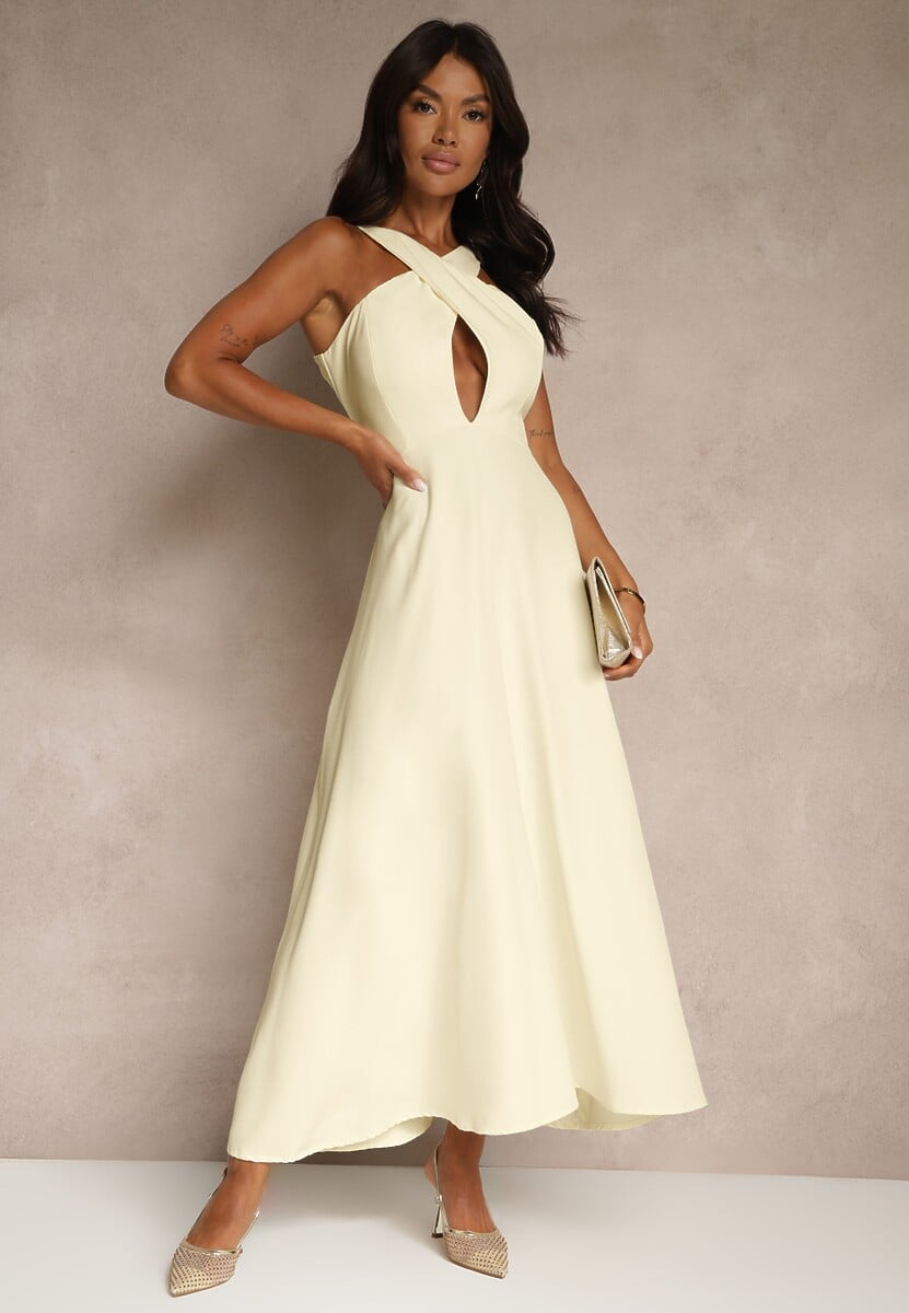 Żółta Koktajlowa Sukienka z Wiskozą i Dekoltem Halter Dolmanna