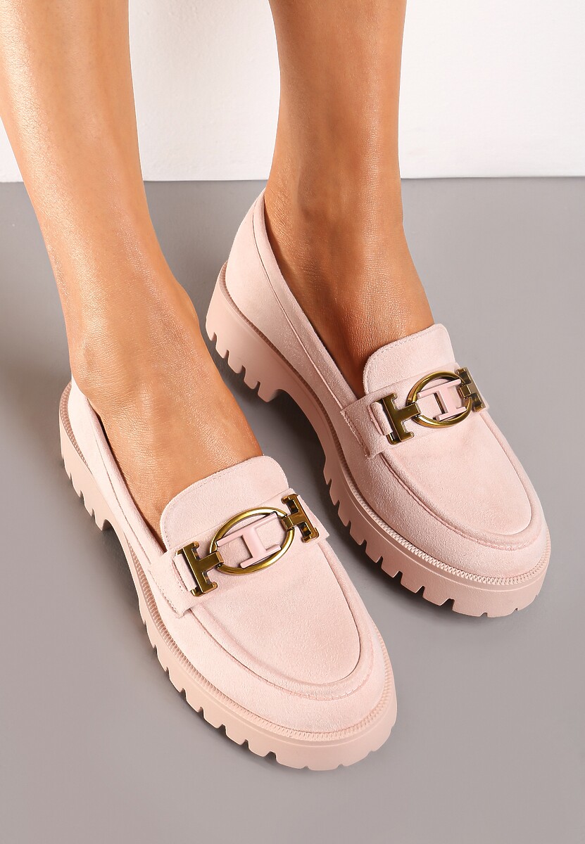 Różowe Mokasyny z Imitacji Zamszu z Geometryczną Klamerką Echonesa