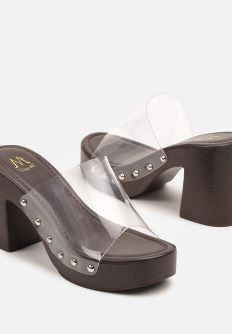 Brązowe Transparentne Klapki na Obcasie i Platformie z Nitami Rivfia