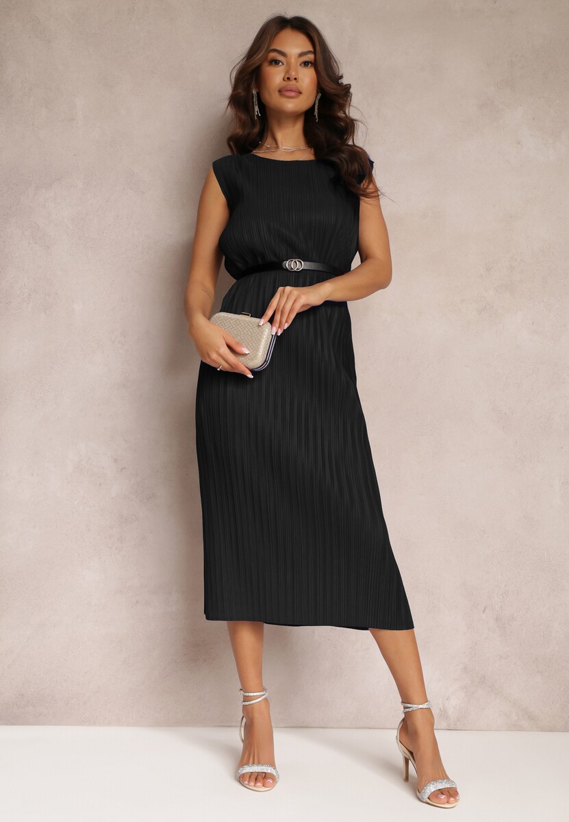 Czarna Pudełkowa Sukienka Midi z Plisowanej Tkaniny z Paskiem z Klamerką Lanaia