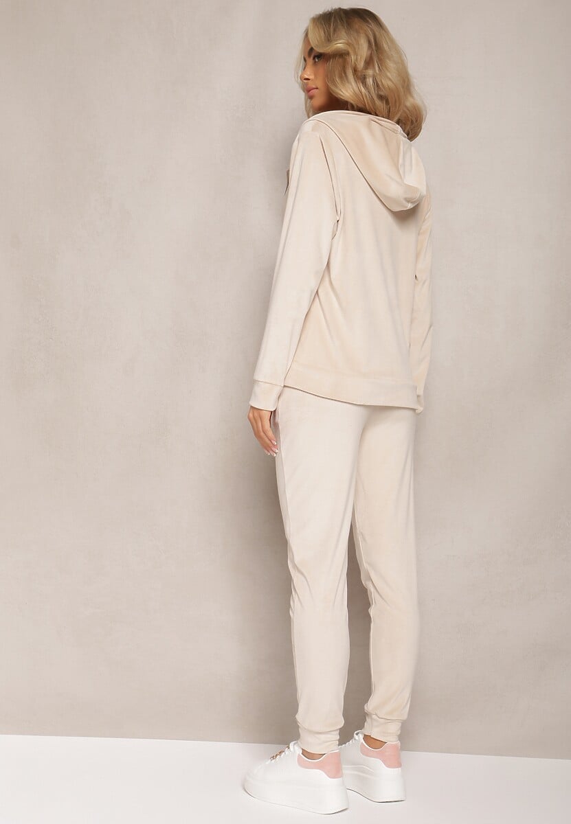 Jasnobeżowy Welurowy Komplet Dresowy Bluza z Kapturem i Proste Spodnie Arislo