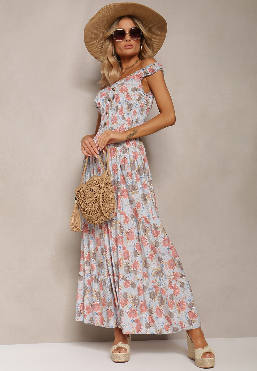 Jasnoniebieska Kwiecista Sukienka Rozkloszowana z Bawełny na Ramiączkach Kalassia