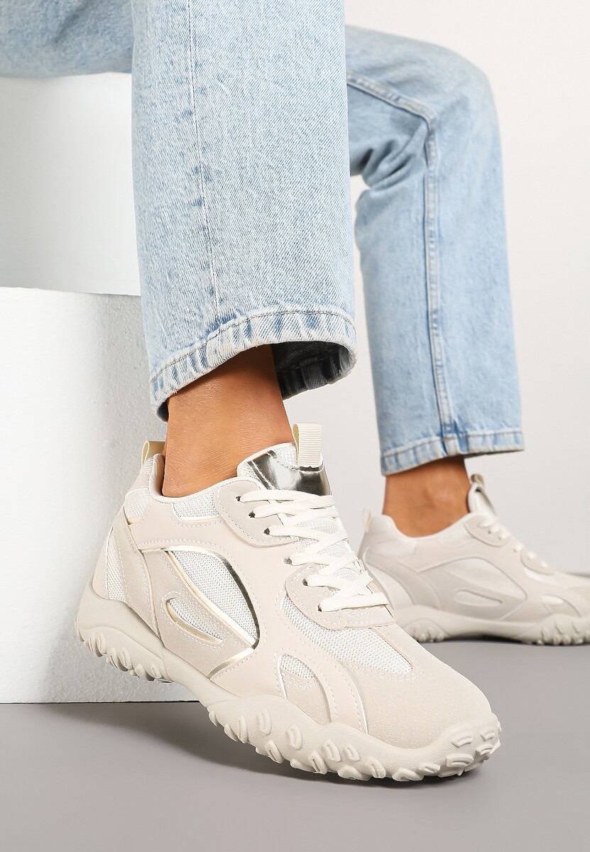 Beżowe Sneakersy Ozdobione Tłoczoną Cholewką Pillitha
