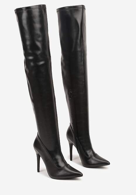 Czarne Kozaki Vices na Szpilce z Dopasowaną Cholewką za Kolano Tadvira