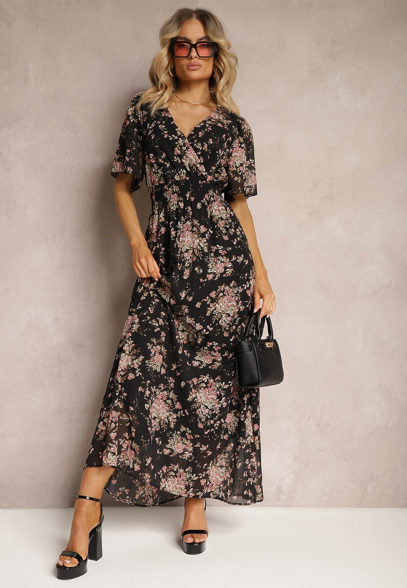 Czarno-Różowa Sukienka Kopertowa z Krótkim Rękawem Wiązana z Tyłu z Gumką w Talii Cristola