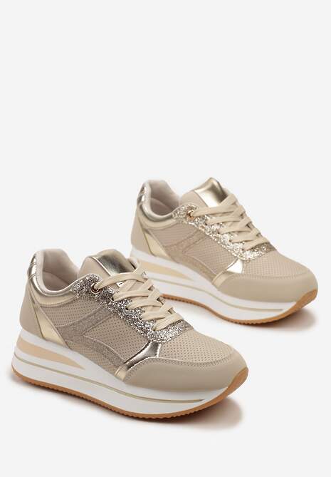 Beżowe Sneakersy na Grubej Podeszwie w Paski Zdobione Brokatem Selarissa