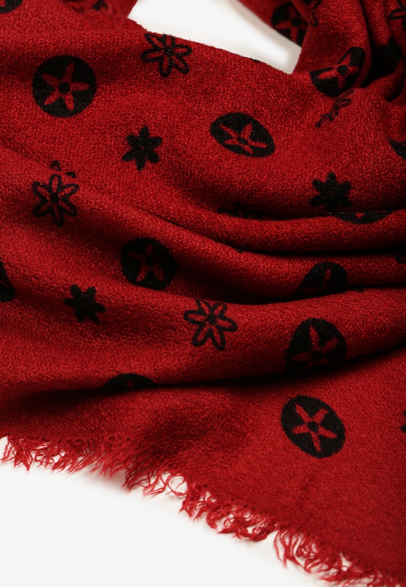 Czerwony Szalik Ozdobiony Geometrycznym Motywem z Frędzlami Nomirya