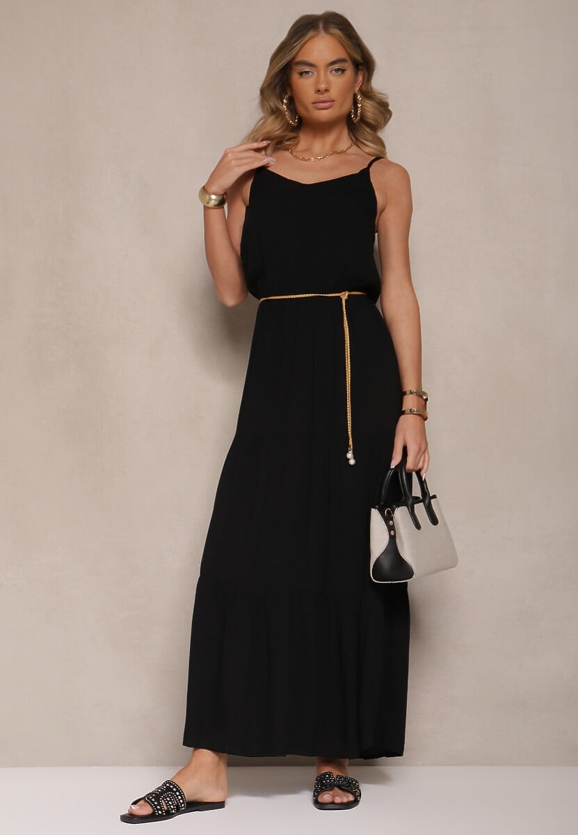 Czarna Rozkloszowana Sukienka z Wiskozy na Ramiączkach Flesira