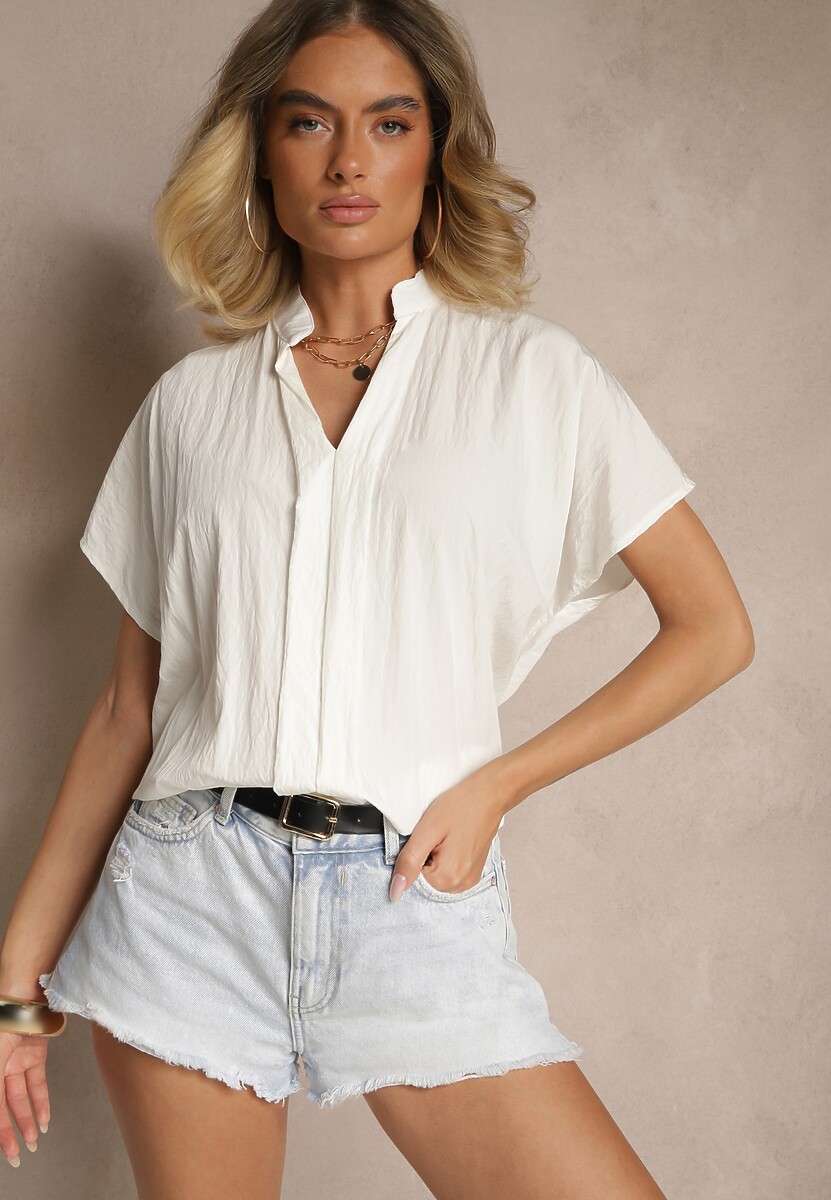 Biała Bluzka Oversize z Wiskozą o Kroju Nietoperz z Dekoltem w Serek Davithiel