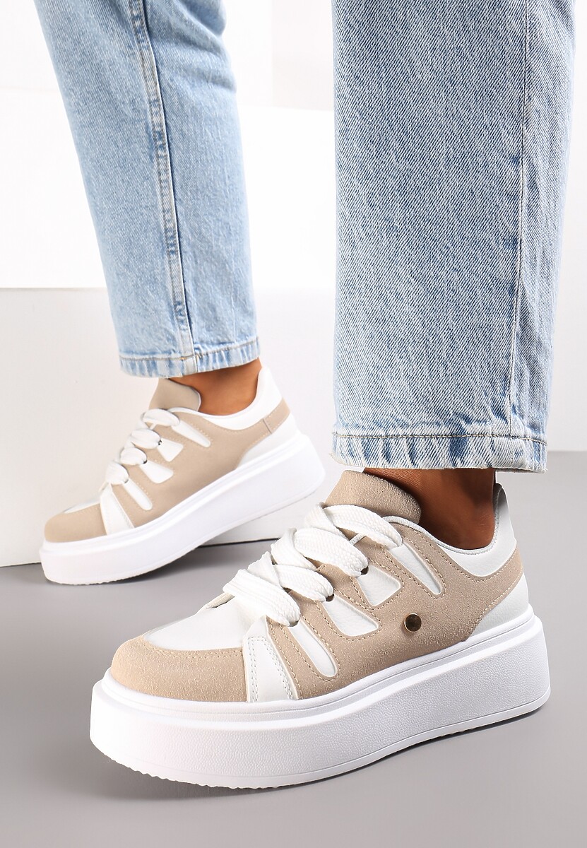 Biało-Srebrne Sneakersy na Grubej Podeszwie przed Kostkę Alisis