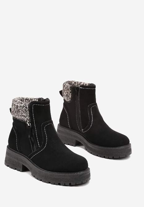 Czarne Botki z Ozdobnym Suwakiem i Materiałową Wstawką Sanremia