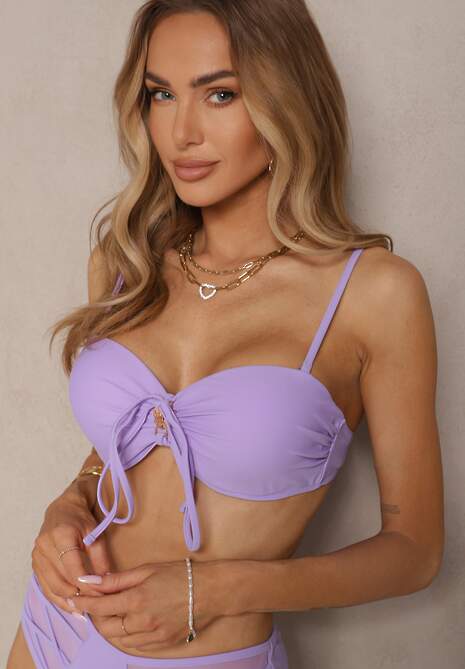 Fioletowe Bikini Biustonosz i Majtki Figi High Waist z Siateczkowymi Zdobieniami Kinovia