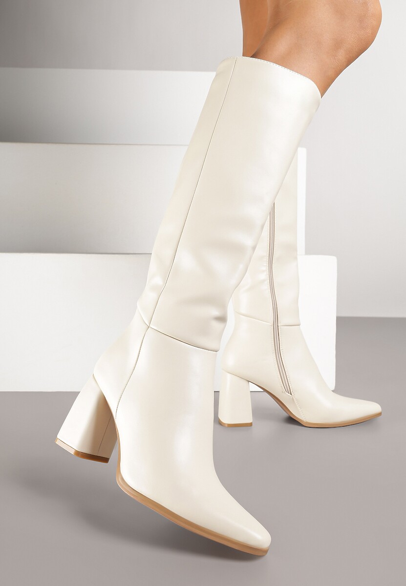 Beżowe Kozaki na Obcasie Typu Stożek w Klasycznym Stylu Lanile