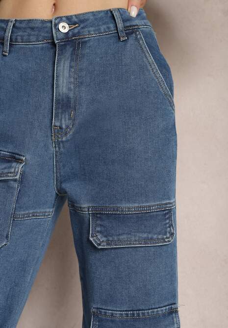 Niebieskie Bawełniane Spodnie Bojówki z Prostymi Nogawkami i Kieszeniami z Klapami Aranduil