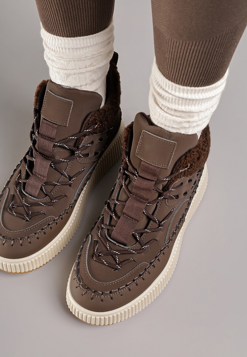 Brązowe Śniegowce Traperki Vices na Platformie z Tłoczeniem Ozdobione Przeszyciami Lerriva