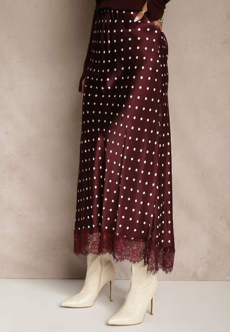 Bordowa Spódnica z Wiskozy High Waist Ozdobiona Kropkami i Koronką Monivia