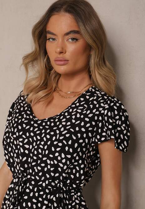 Czarna Rozkloszowana Sukienka z Bawełną i Geometrycznym Motywem Mevelaia