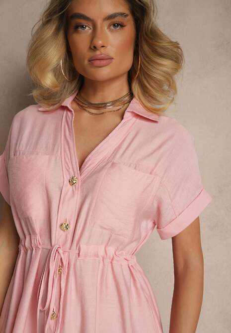 Różowa Wiskozowa Sukienka Koszulowa z Guzikami i Wiązaniem w Talii Velazia