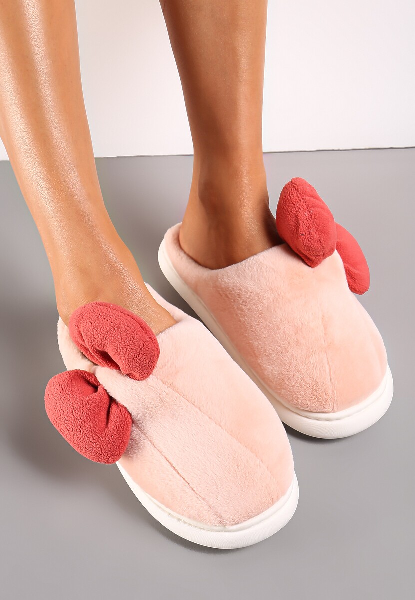 Różowe Futerkowe Kapcie z Pluszową Kokardką Vlemona