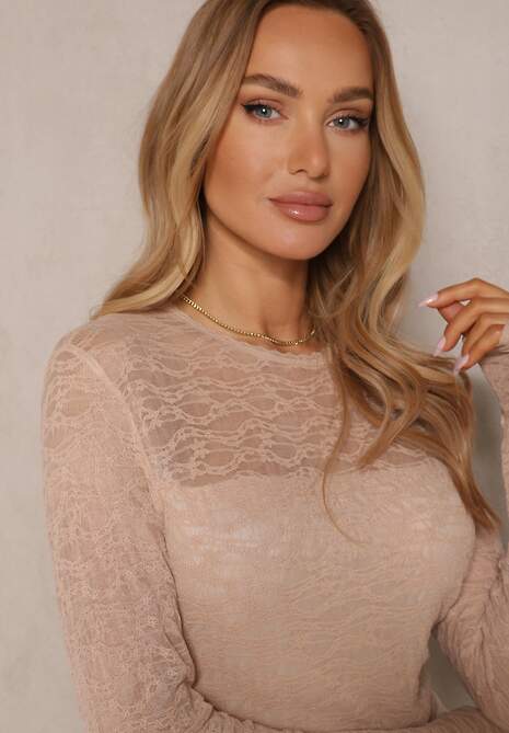 Jasnobeżowy Kombinezon z Koronki z Wiskozą z Wszytym Paskiem z Aplikacją Ninadira