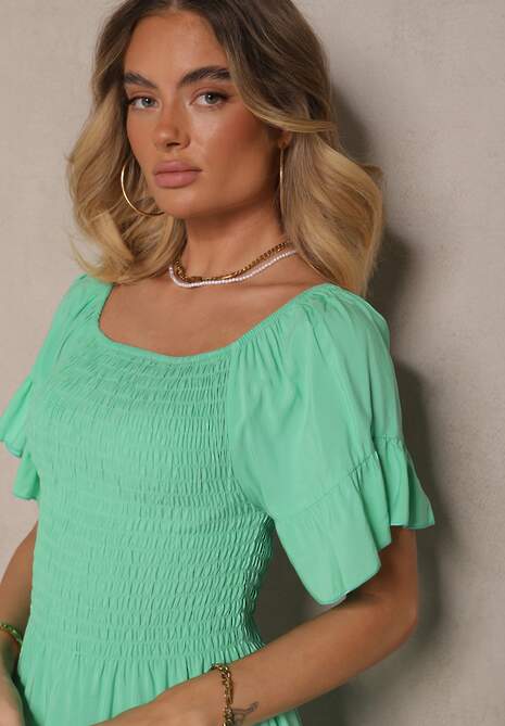 Jasnozielona Sukienka Rozkloszowana z Bawełny z Bufkami w Ramionach i Gumkami w Biuście Norlio