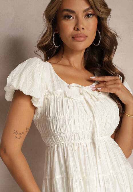 Jasnobeżowa Sukienka z Bufiastymi Rękawami i Gumką w Pasie o Rozkloszowanym Kroju Vikkitha