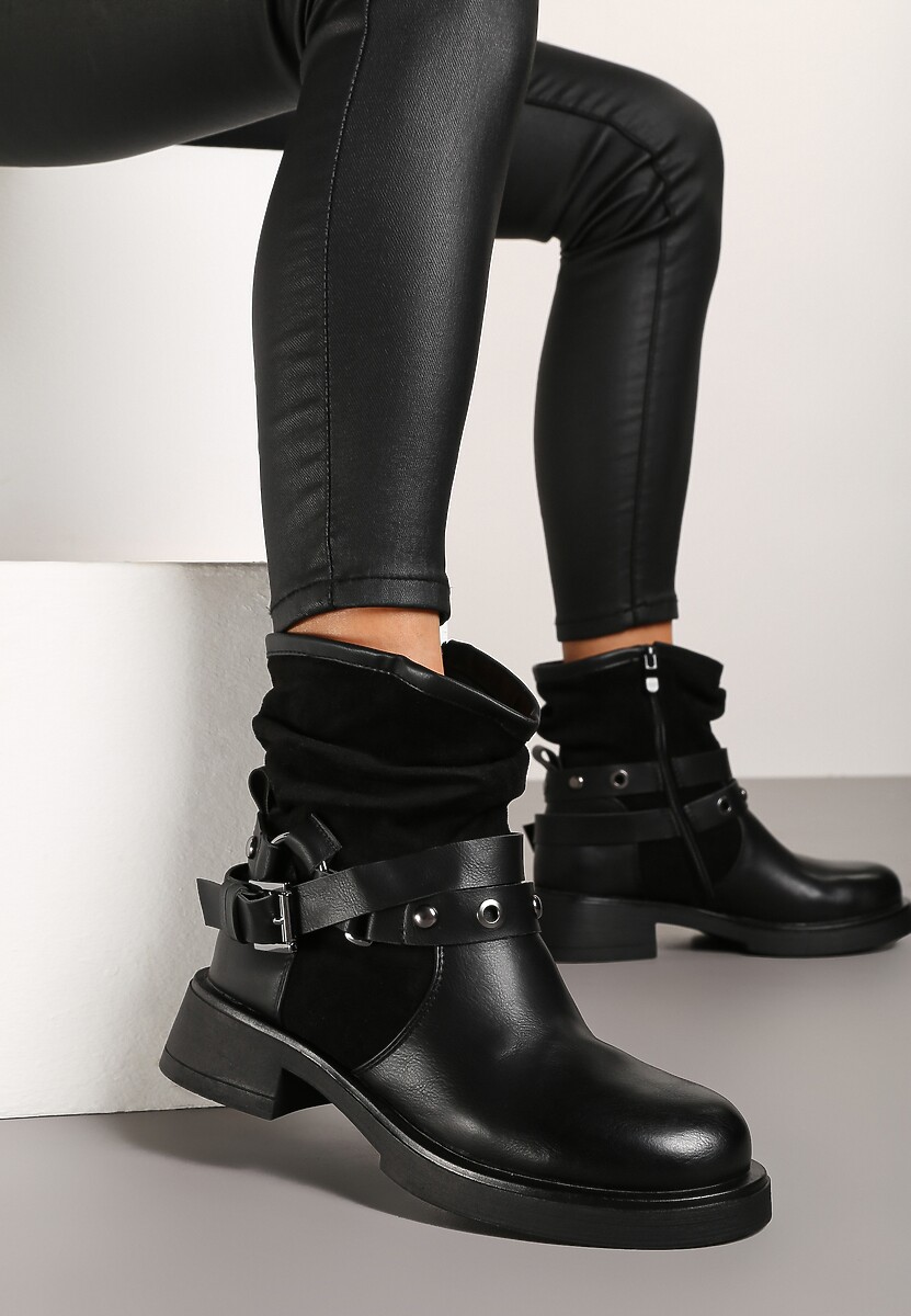 Czarne Marszczone Botki z Ozdobnymi Paskami z Klamrami Cyredi