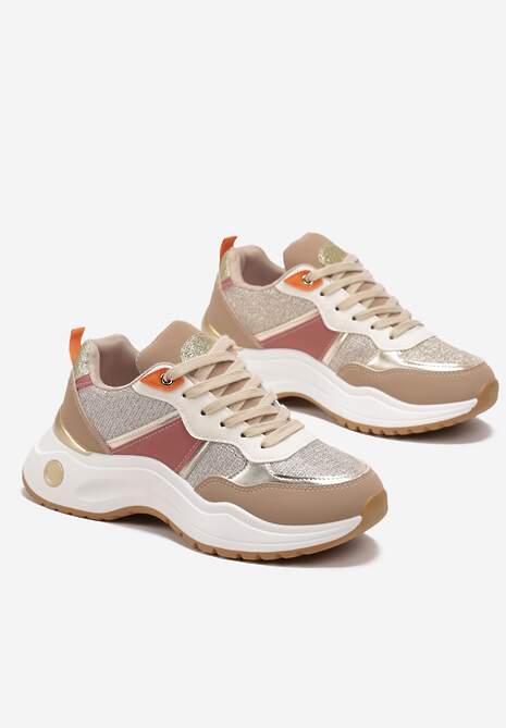 Ciemnobeżowe Sneakersy z Tłoczonego Materiału z Brokatowymi i Metalicznymi Wstawkami Thermia