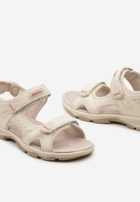 Beżowe Płaskie Sandały ze Skórzaną Wkładką i Zapięciami na Rzepy Tesama