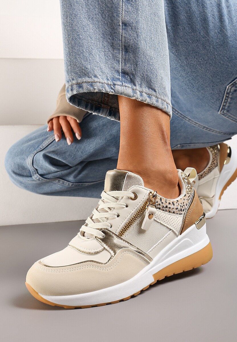 Beżowo-Brązowe Sneakersy na Niewysokim Koturnie Ozdobione Suwakiem i Wstawkami Liorrama