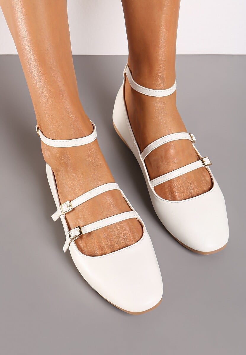 Białe Klasyczne Balerinki Zapinane na Paseczki z Ozdobnymi Klamerkami Lerithana