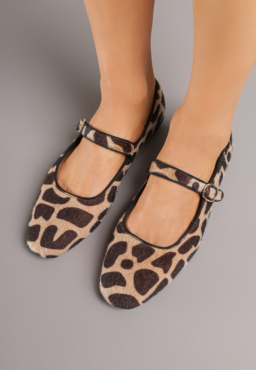 Panterkowe Balerinki Vices z Wkładką ze Skóry Naturalnej i Paskiem Nalisare