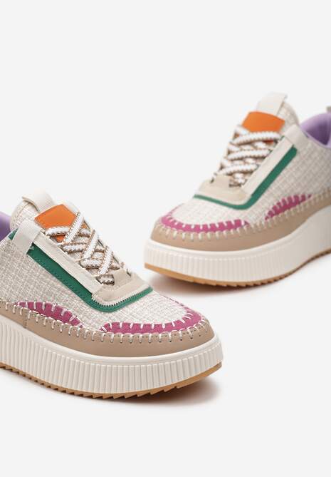 Beżowe Tweedowe Sneakersy na Platformie z Przeszyciem Orilenes